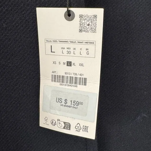 NWT Zara Navy Wool Blend Jacket - Size L - Picture 2 of 5